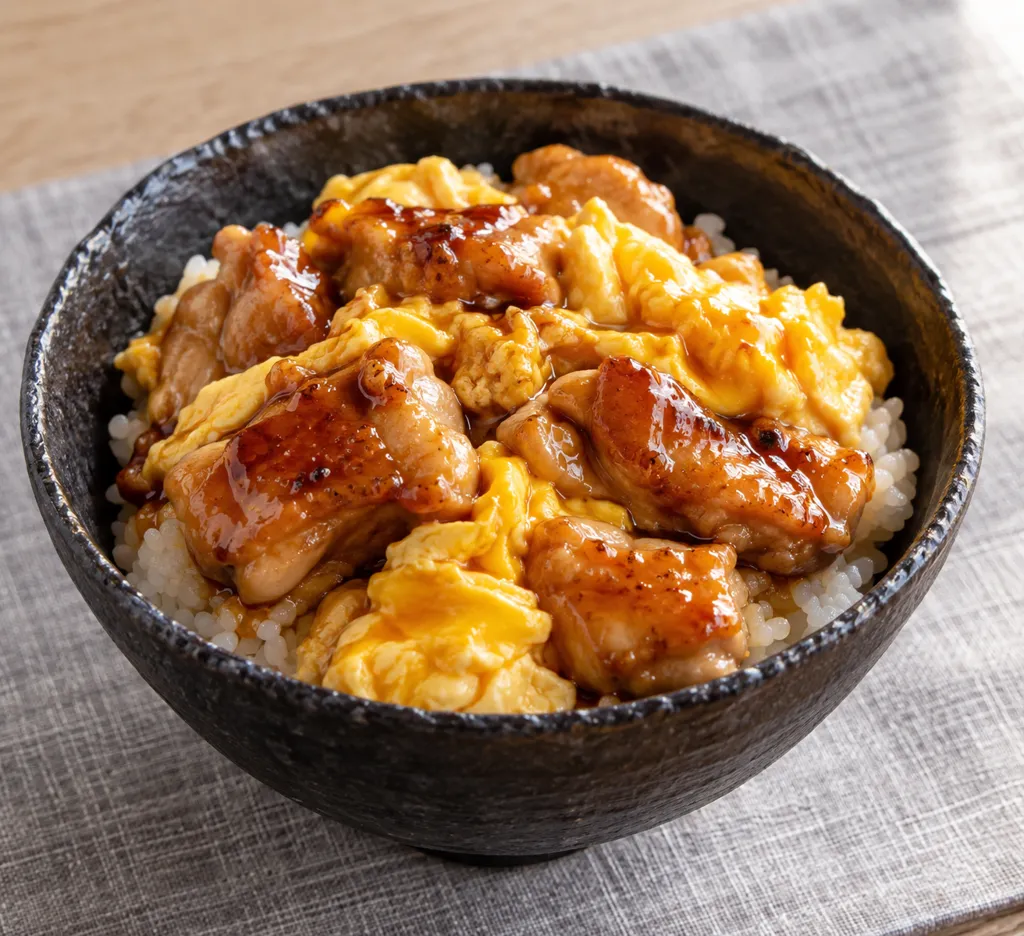 鶏もも肉と炒り卵の照り焼き丼の完成イメージ