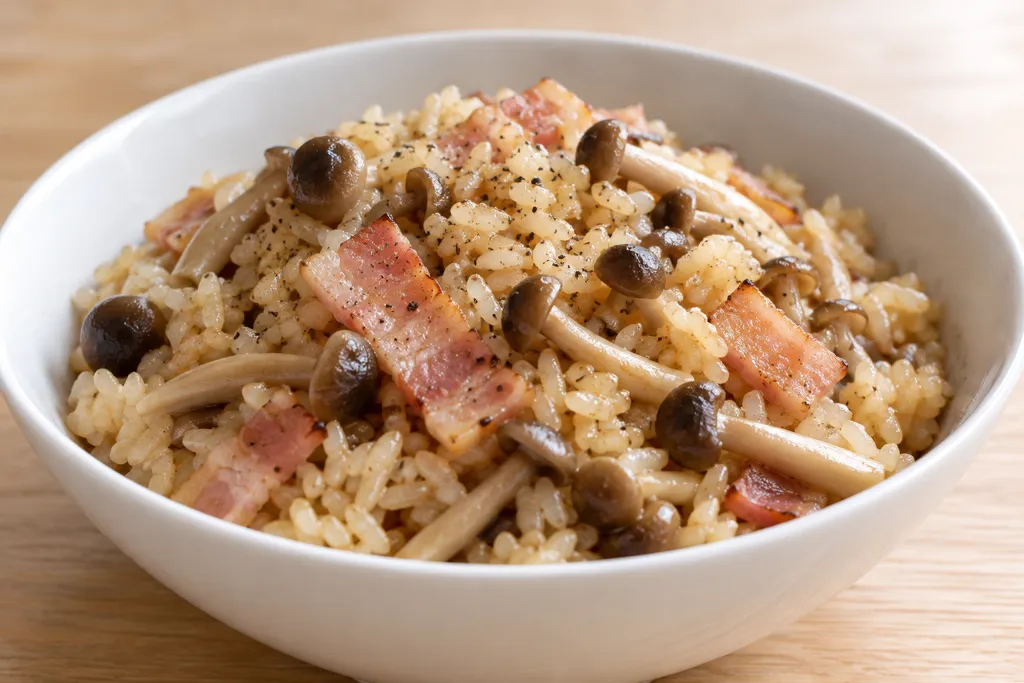 ベーコンとしめじの中華炊き込みご飯の完成イメージ
