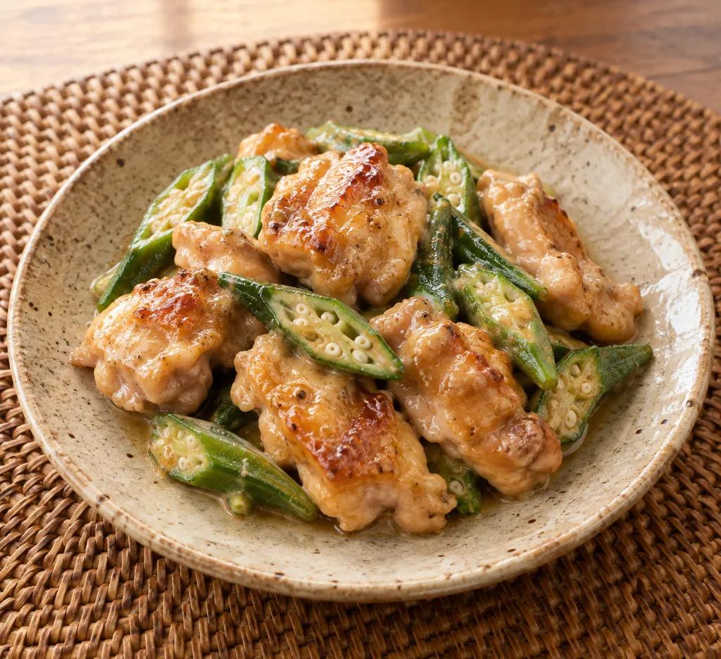 鶏もも肉とオクラのしょうがマヨ焼きの完成イメージ