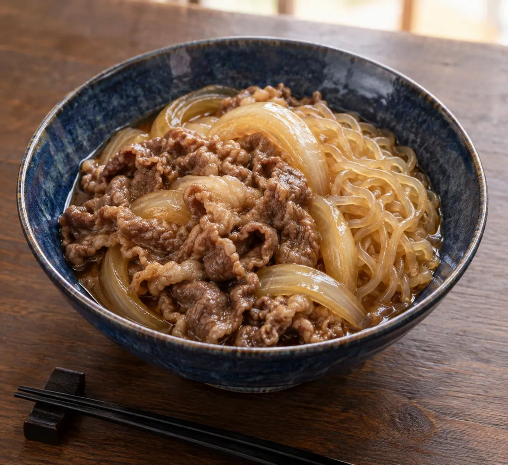 時短牛バラ肉としらたきのすき焼き風煮の完成イメージ