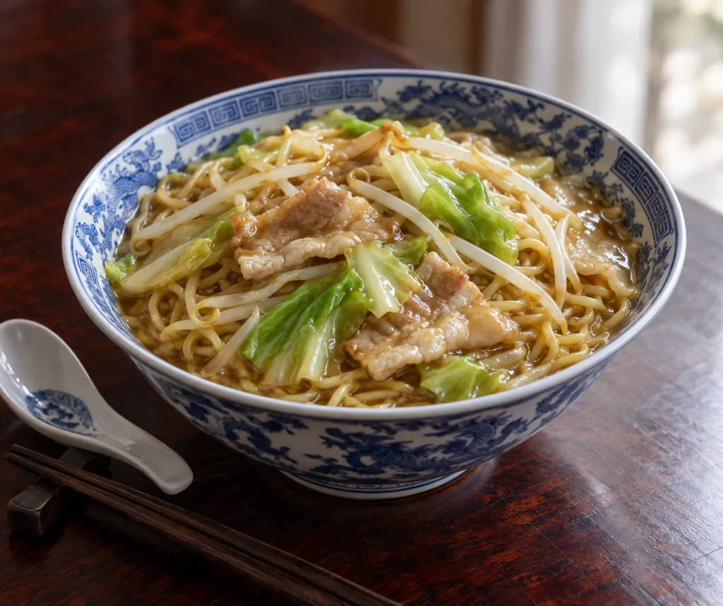 豚バラ肉とキャベツの中華あんかけ麺の完成イメージ