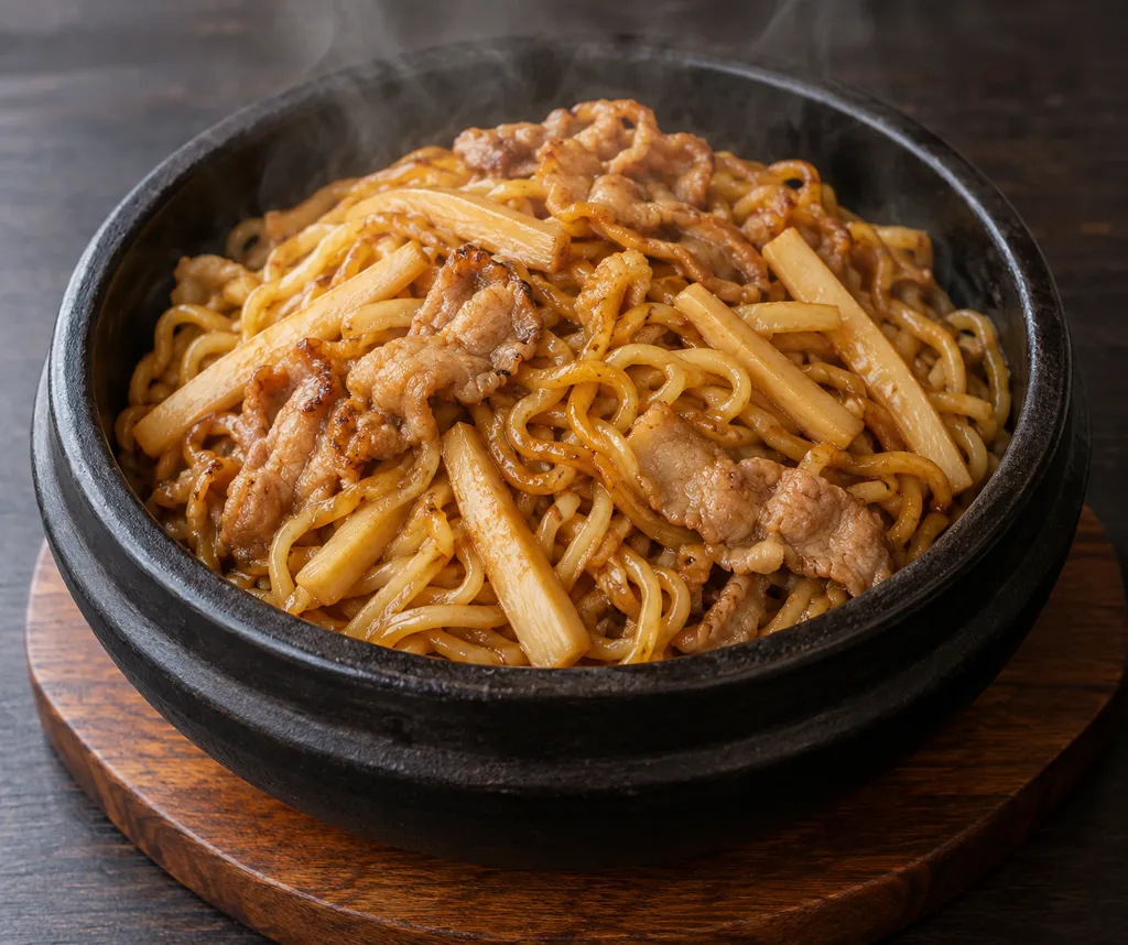 豚こま肉とたけのこの焼きそばの完成イメージ