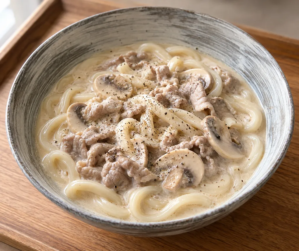 豚こま肉とマッシュルームの豆乳うどんの完成イメージ