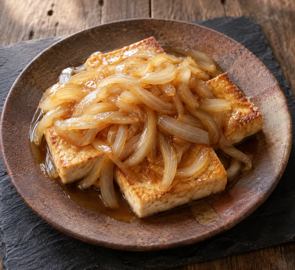 時短豆腐と玉ねぎの豆腐ステーキの完成イメージ