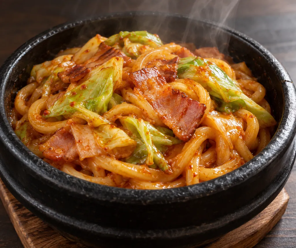 ベーコンとキャベツの韓国辛うどんの完成イメージ