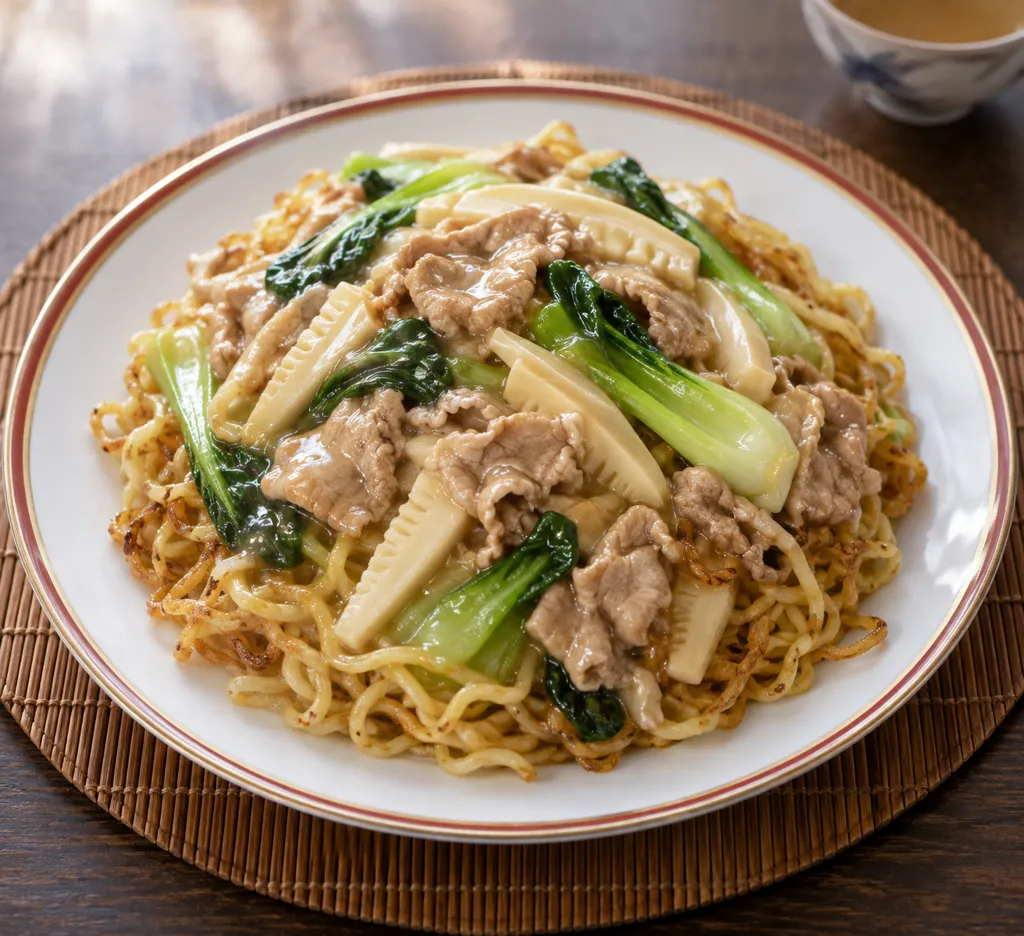 豚こま肉とたけのこのあんかけ焼きそばの完成イメージ
