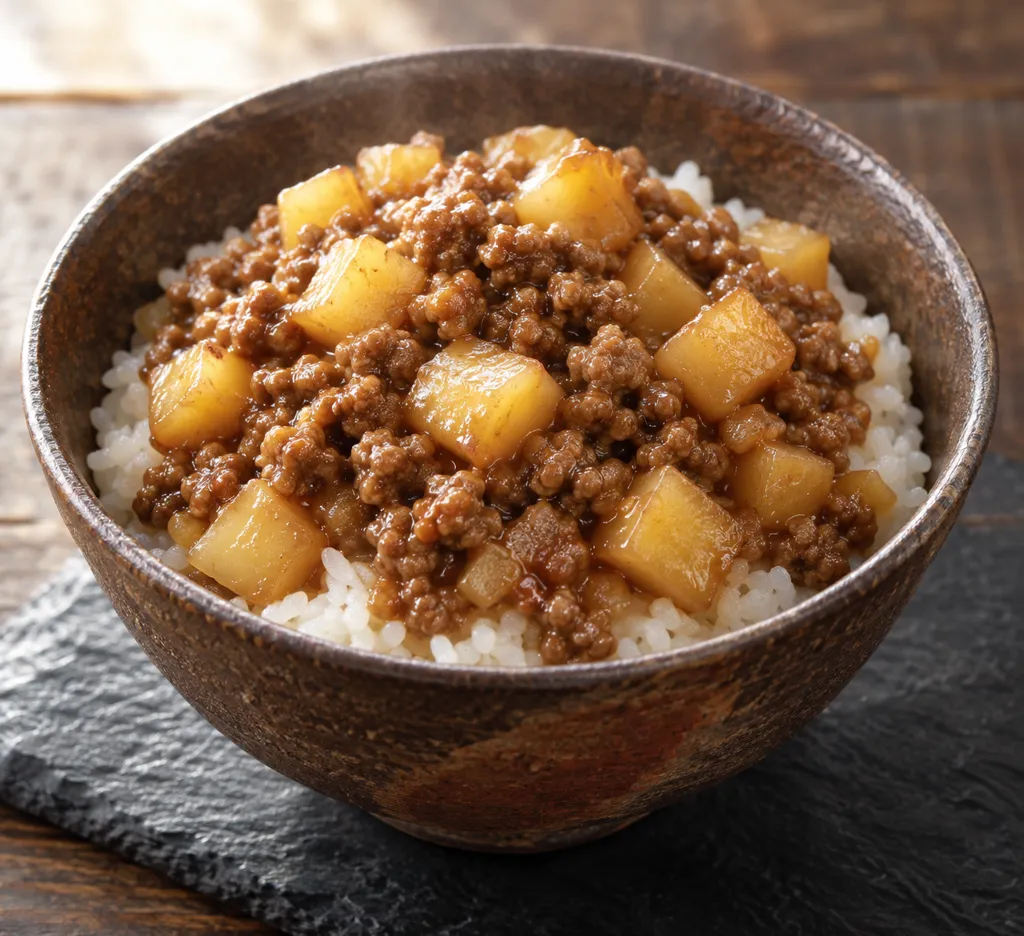 合いびき肉とじゃがいものそぼろ丼の完成イメージ