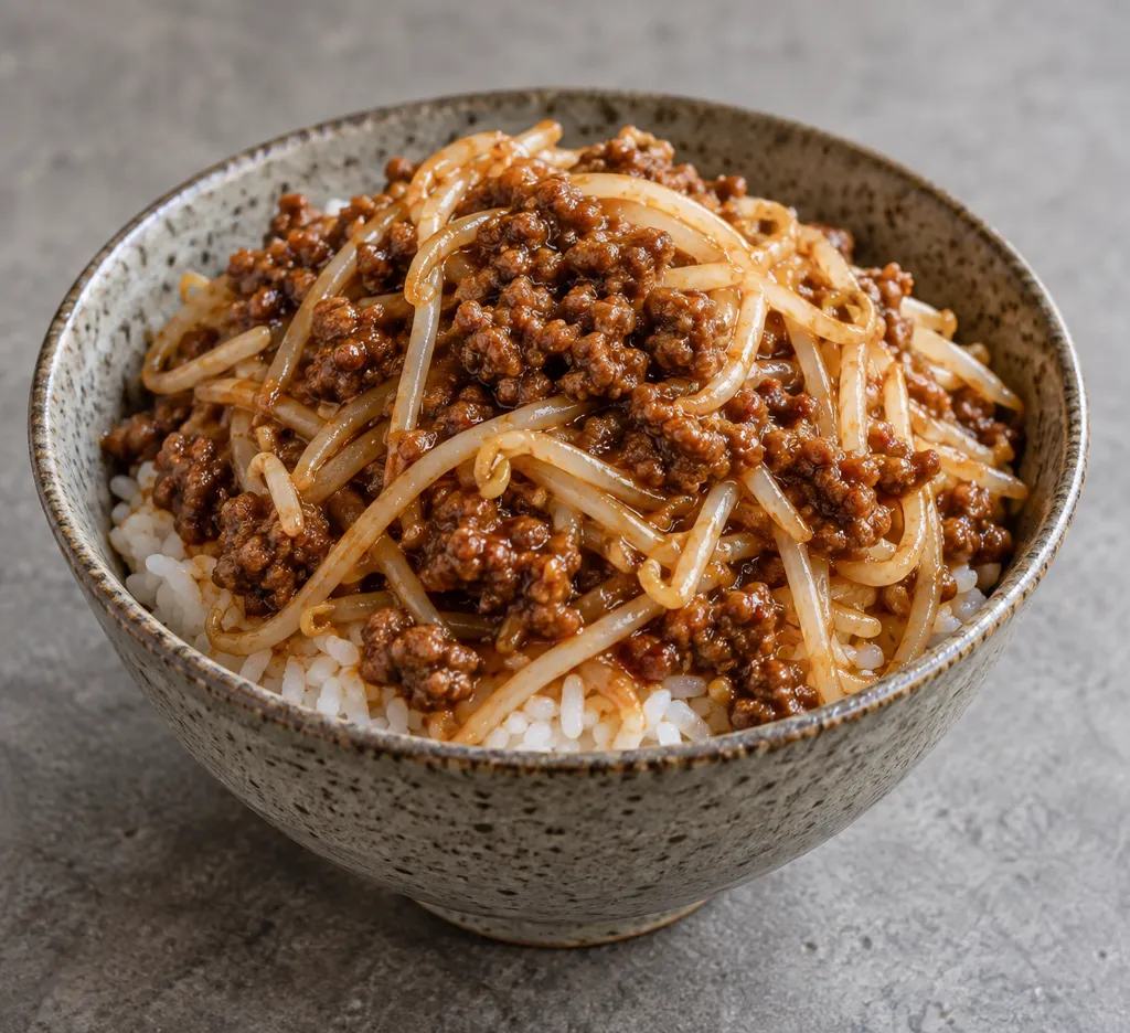 牛ひき肉ともやしの韓国甘辛丼の完成イメージ