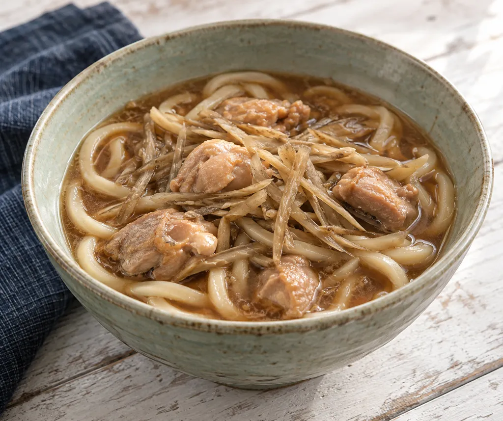 鶏もも肉とごぼうの味噌煮込みうどんの完成イメージ