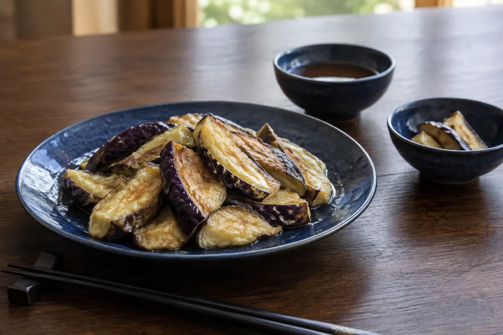 なすの薄衣揚げ焼き 天つゆ添えの完成イメージ