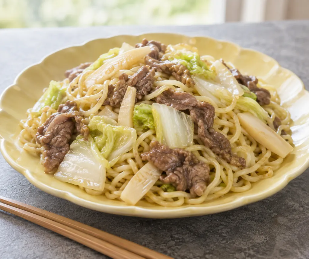牛こま肉とたけのこの中華塩焼きそばの完成イメージ