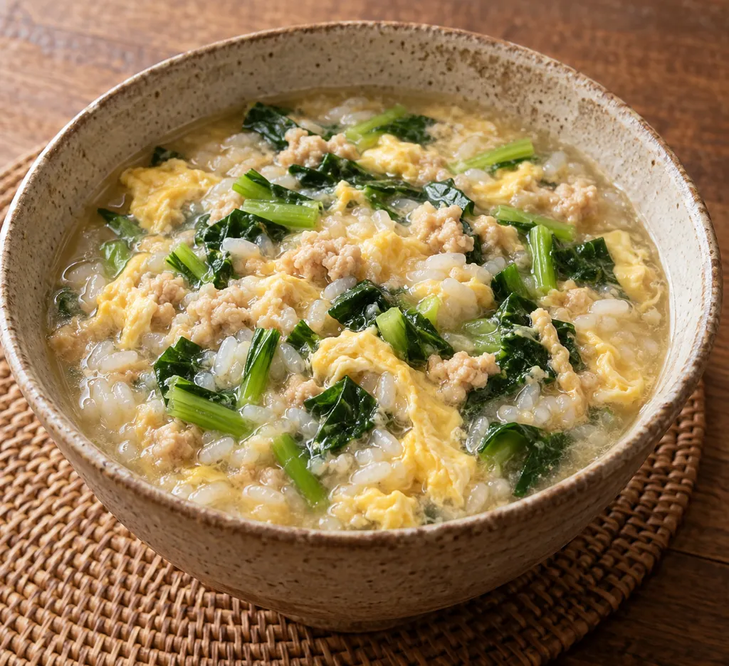 鶏ひき肉と小松菜の卵雑炊の完成イメージ