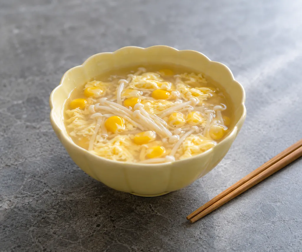 えのきとコーンの中華卵スープの完成イメージ