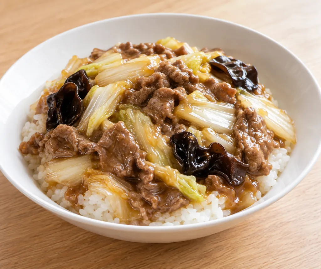 牛薄切り肉と白菜の中華丼の完成イメージ