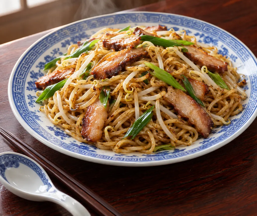 チャーシューともやしの中華焼き麺の完成イメージ