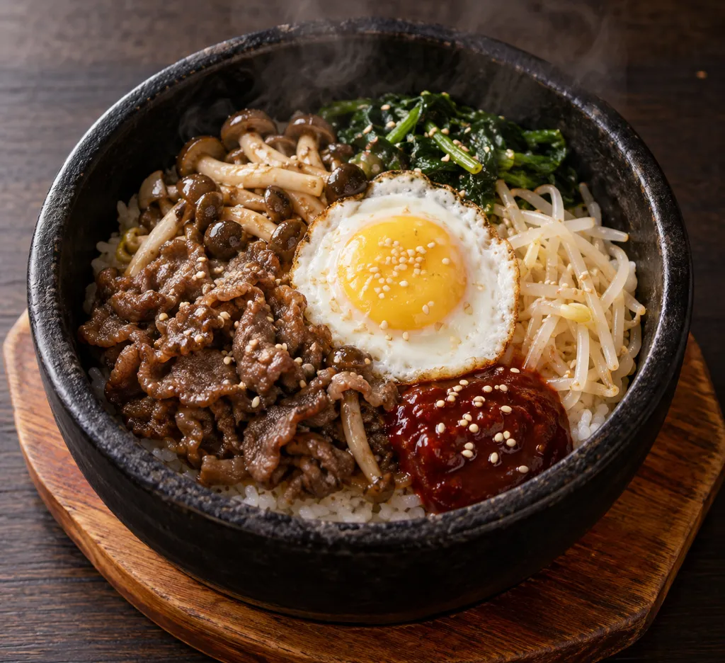 牛薄切り肉としめじのビビンバの完成イメージ