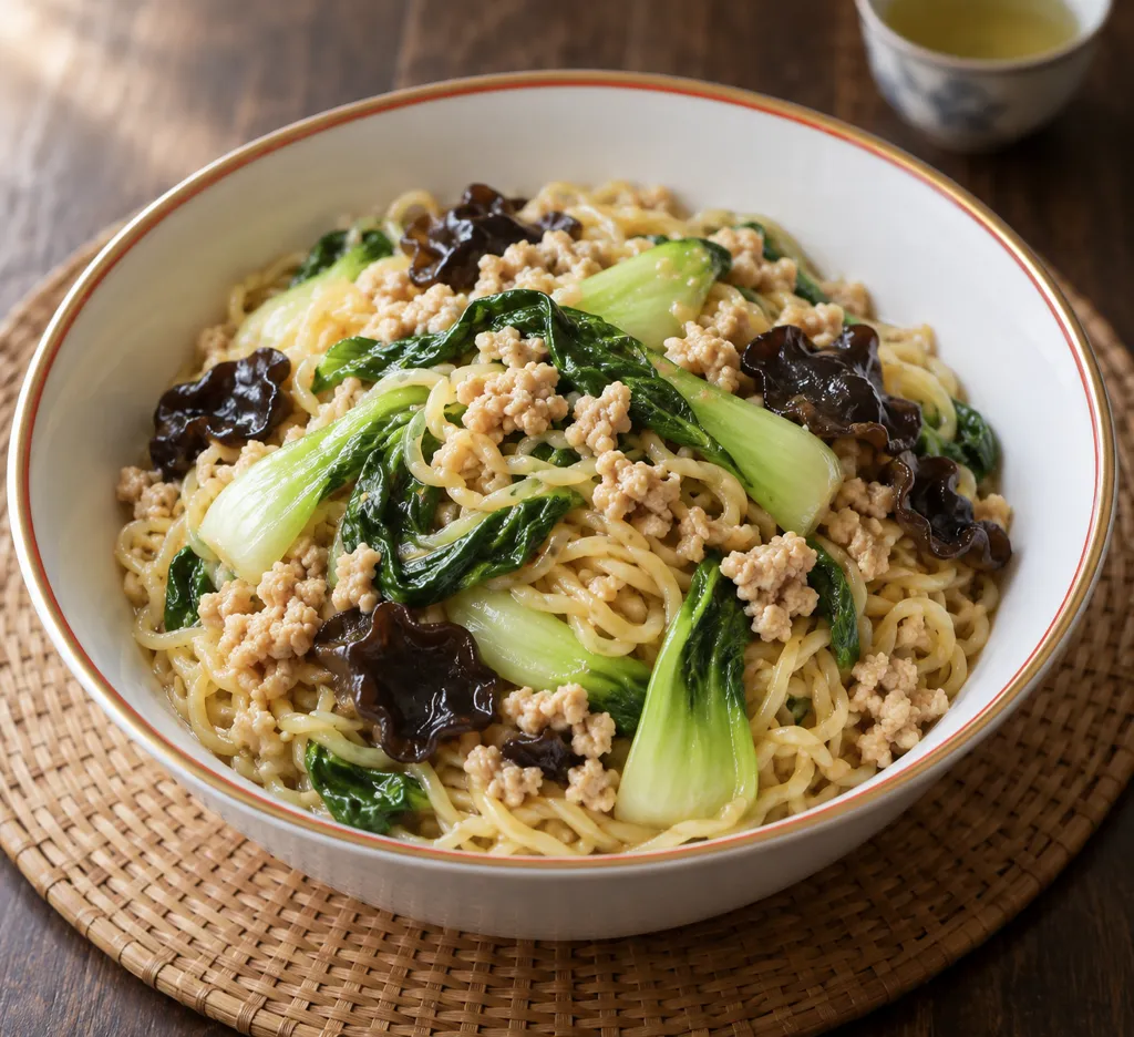 鶏ひき肉とチンゲン菜きくらげの中華塩麺の完成イメージ
