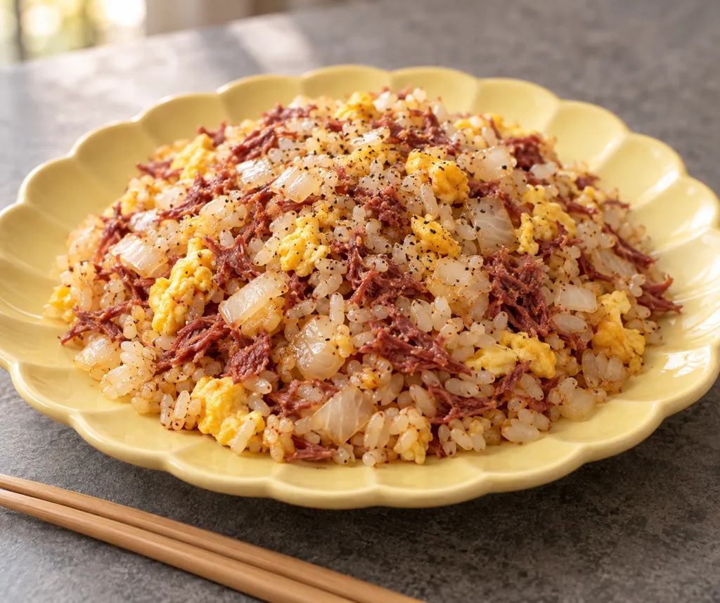 コンビーフと玉ねぎのチャーハンの完成イメージ