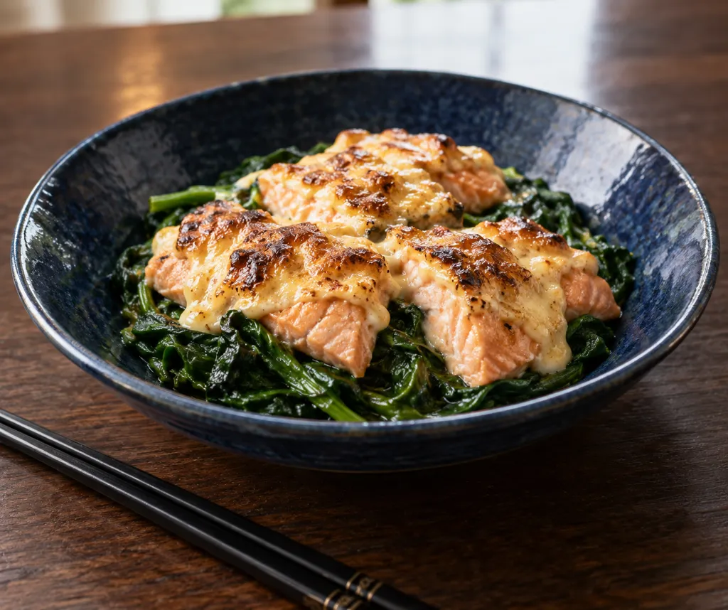 鮭とほうれん草の醤油マヨ焼きの完成イメージ