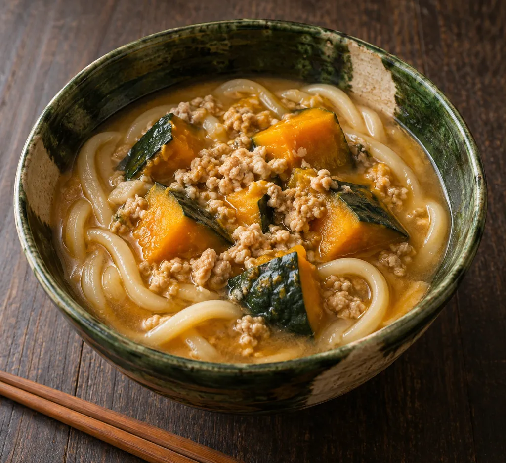 鶏ひき肉とかぼちゃの味噌煮込みうどんの完成イメージ