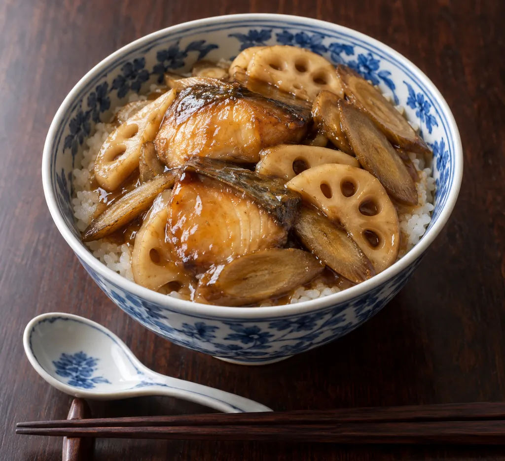 ぶりと根菜のあんかけ丼の完成イメージ
