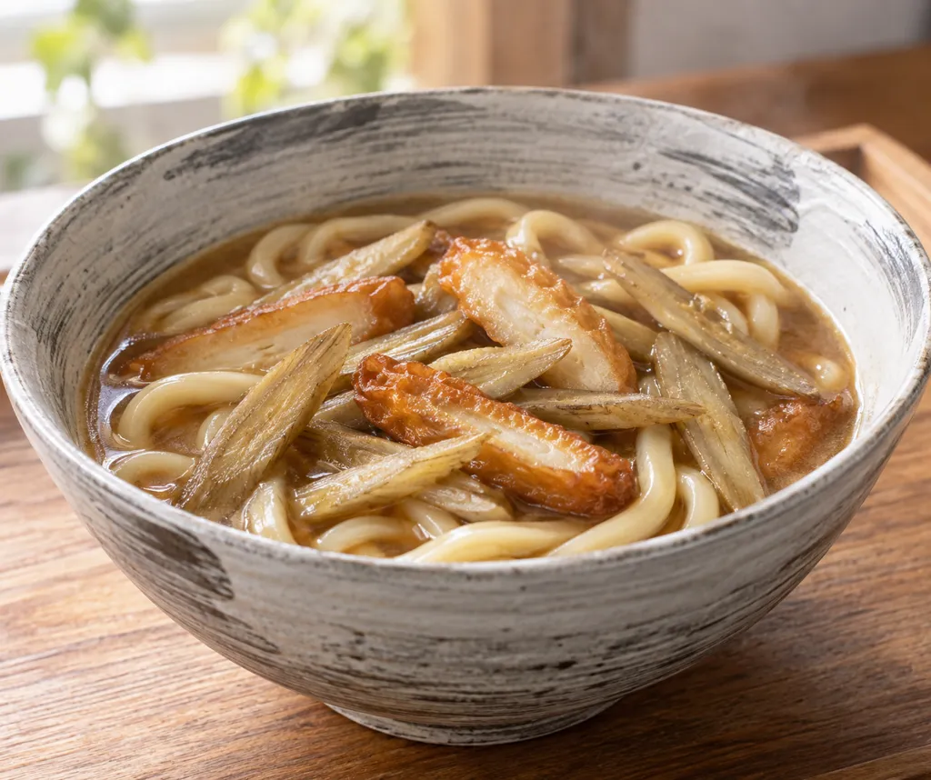 さつま揚げとごぼうの味噌煮込みうどんの完成イメージ