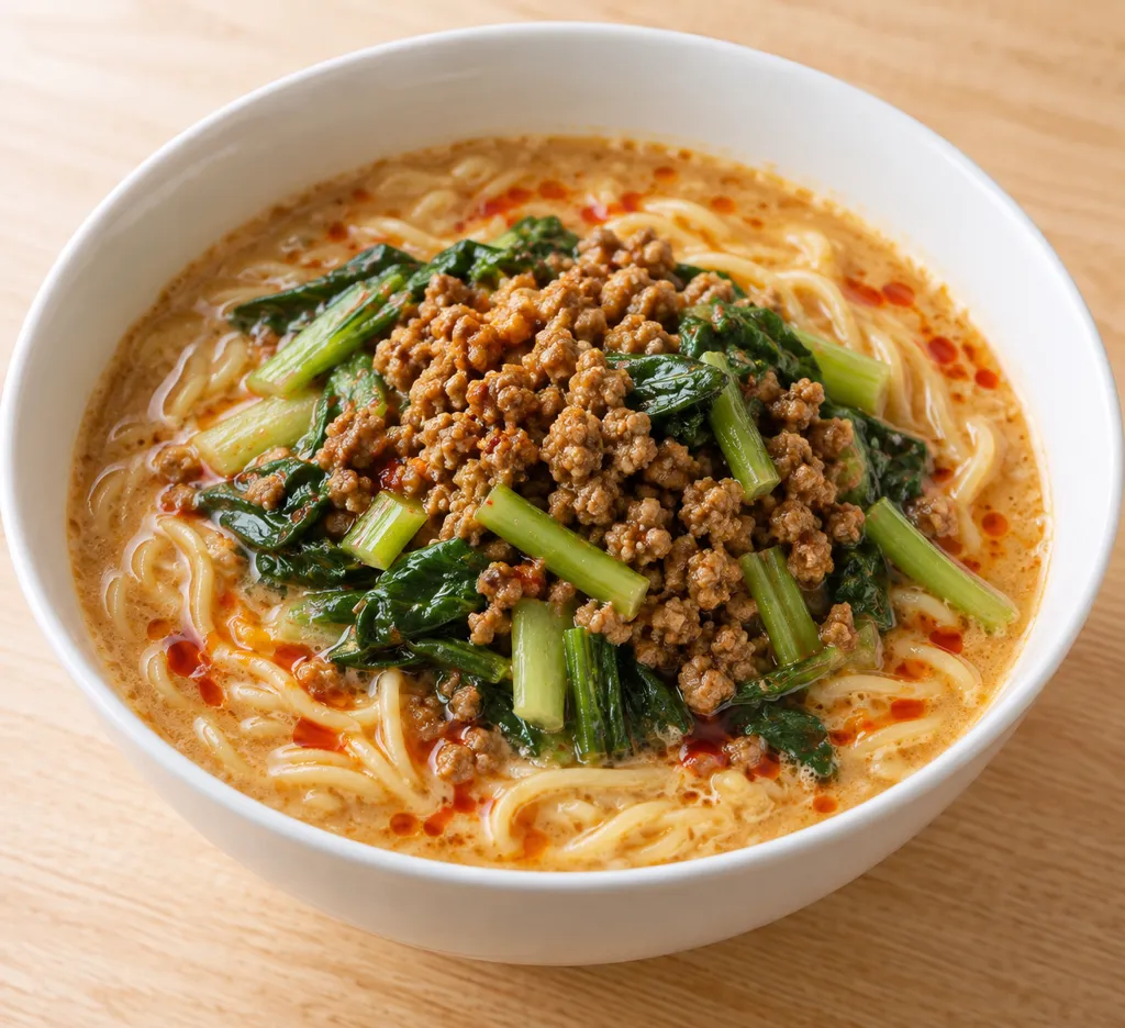合いびき肉と小松菜の味噌担々麺の完成イメージ