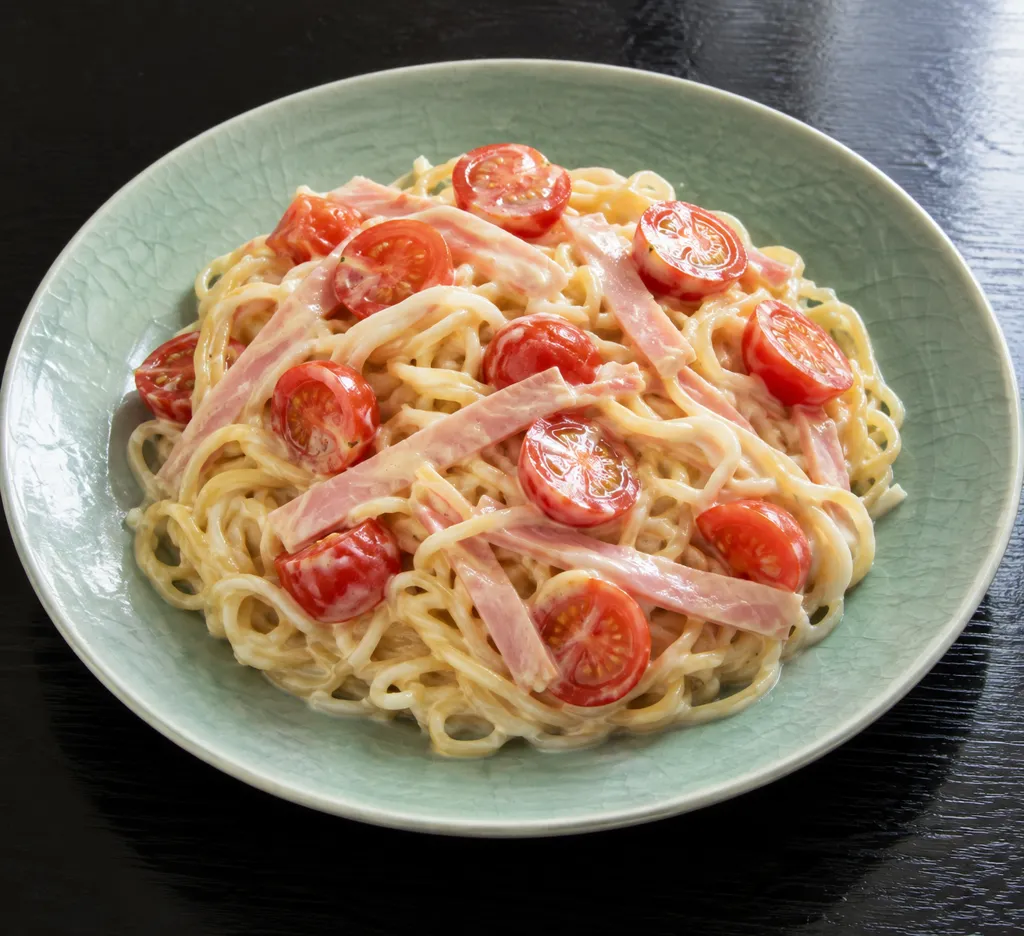 ハムとミニトマトの冷やし中華の完成イメージ