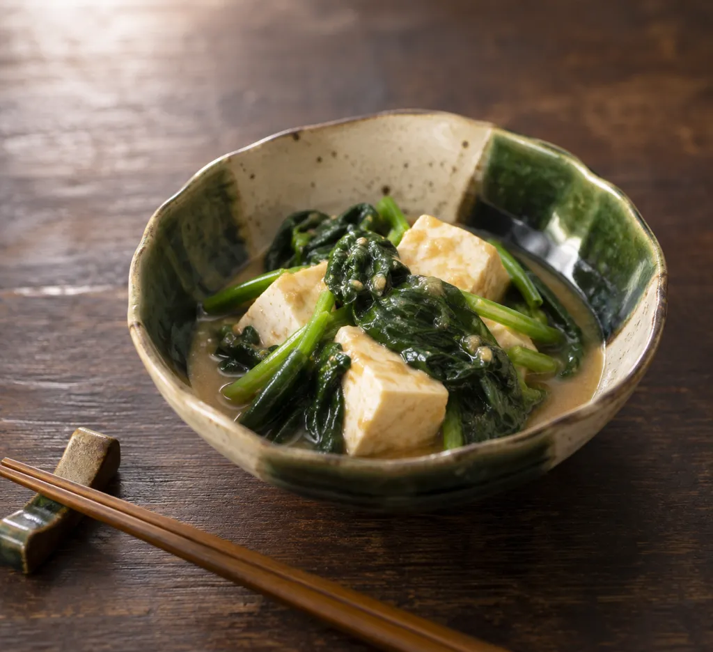 豆腐とほうれん草の味噌煮の完成イメージ