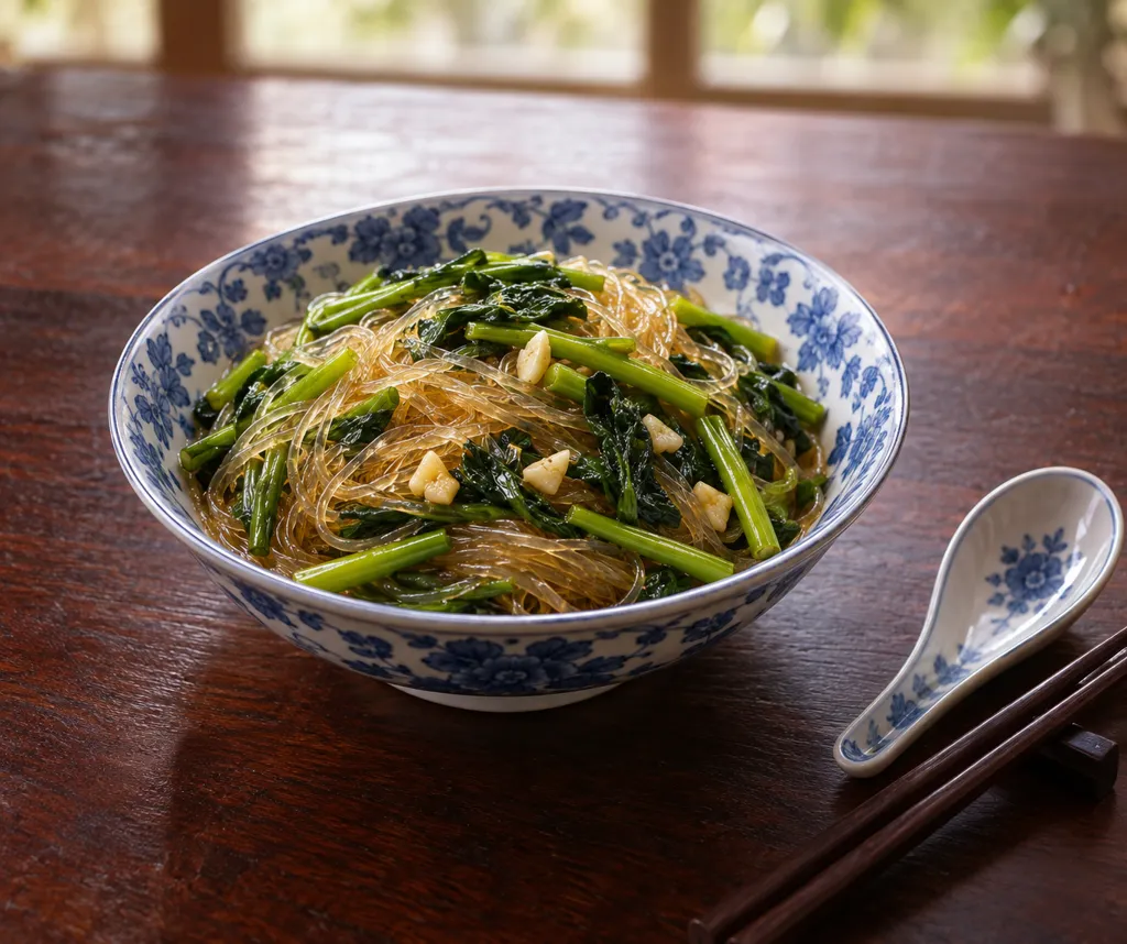 春雨と空心菜のにんにく中華炒めの完成イメージ