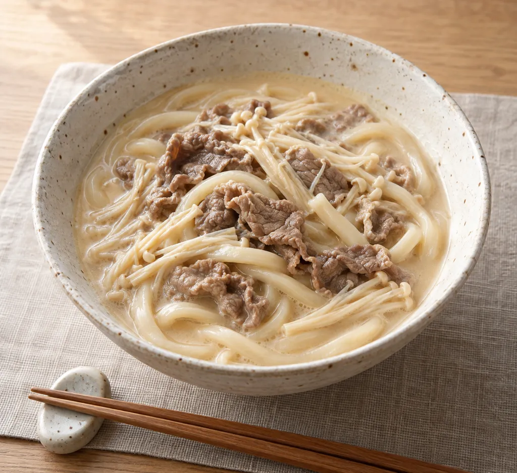 牛薄切り肉とえのきのしょうが豆乳うどんの完成イメージ