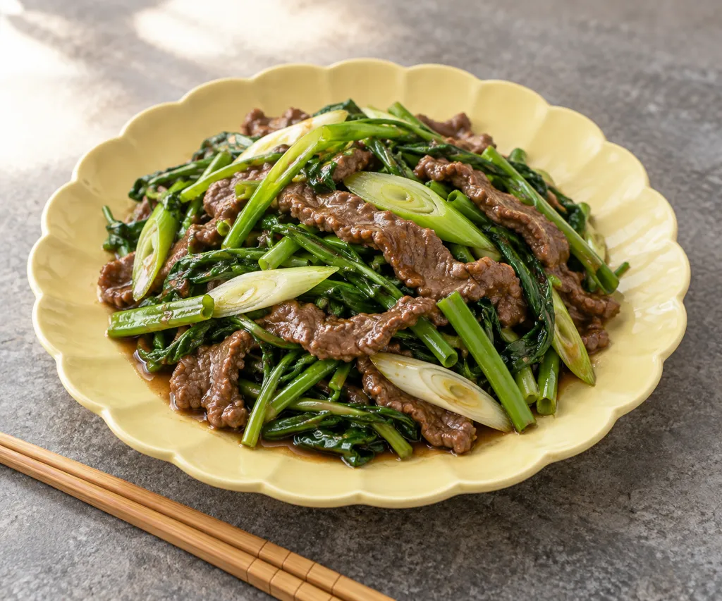 牛もも肉と空心菜のねぎ炒めの完成イメージ