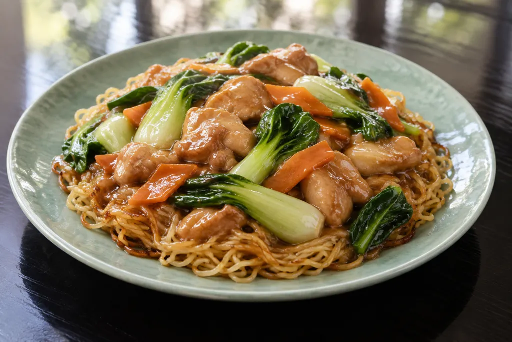 鶏もも肉とチンゲン菜の中華あんかけ麺の完成イメージ