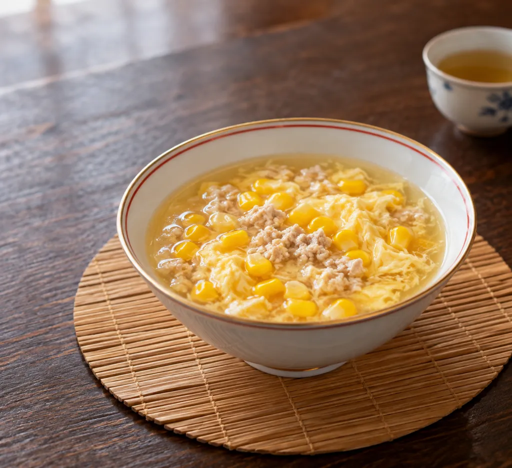 鶏ひき肉ととうもろこしの中華卵スープの完成イメージ