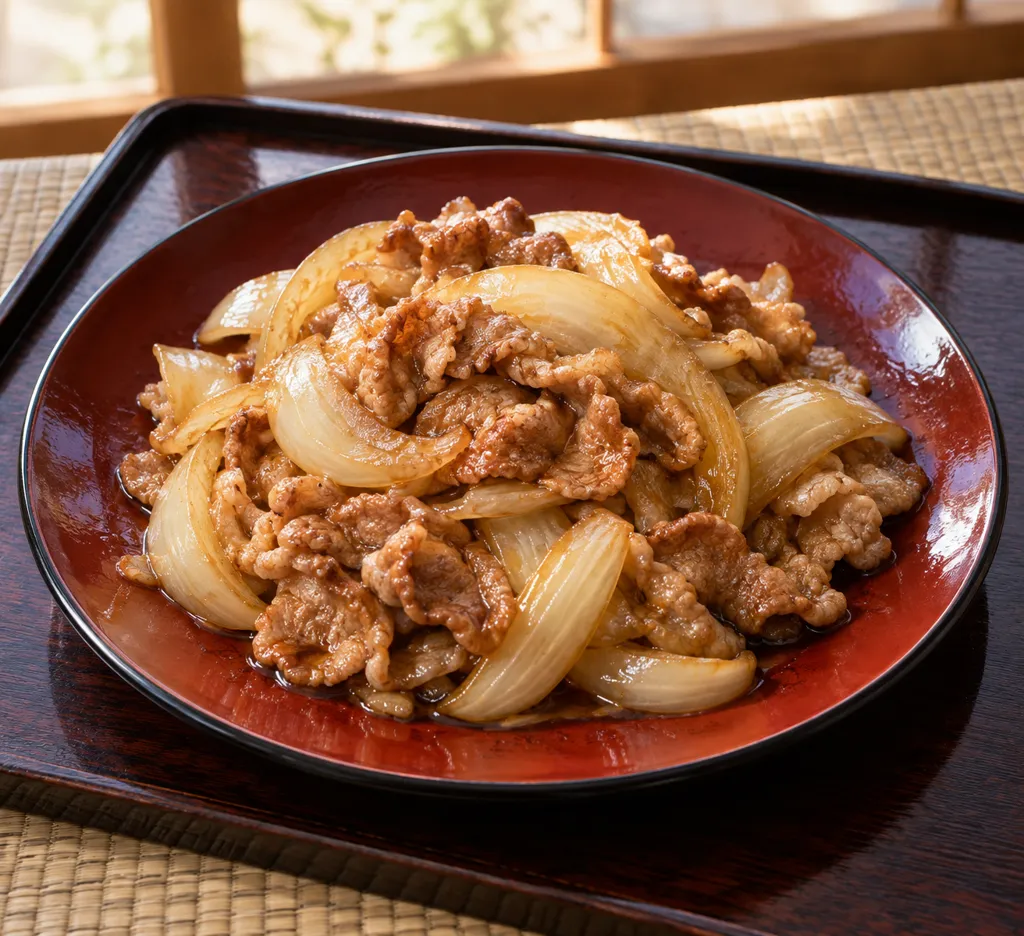 豚こま肉と新玉ねぎの生姜焼きの完成イメージ