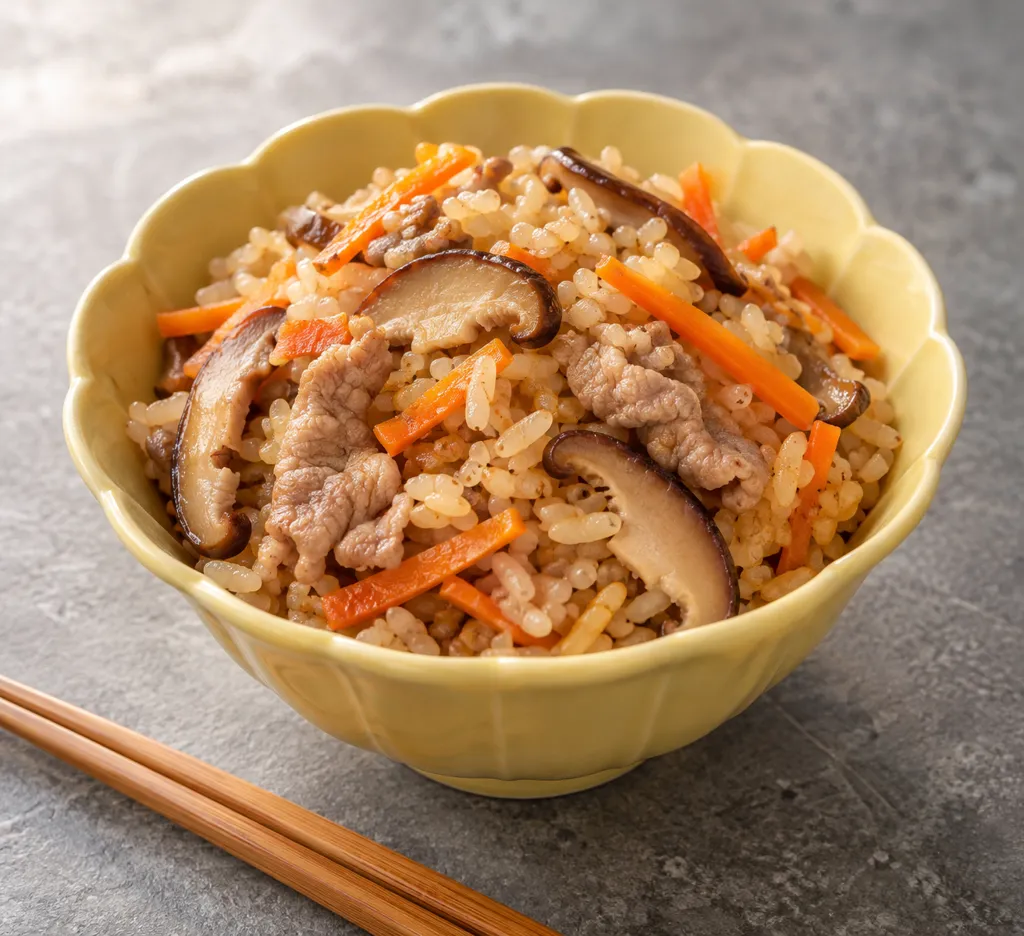 豚こま肉としいたけの炊き込みご飯の完成イメージ
