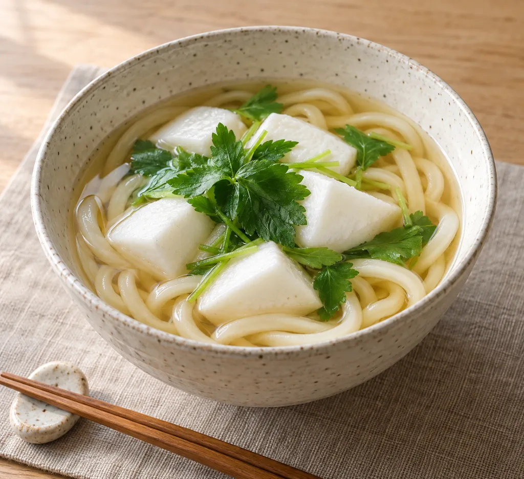 はんぺんと三つ葉のかけうどんの完成イメージ
