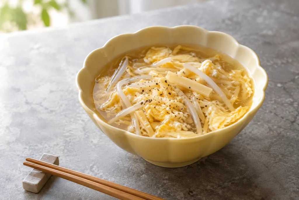 もやしとたけのこの中華卵スープの完成イメージ