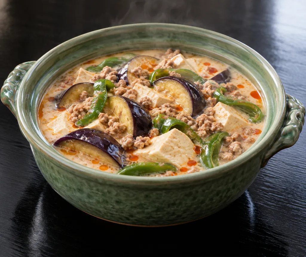 豚ひき肉となすのピリ辛中華豆乳風鍋の完成イメージ