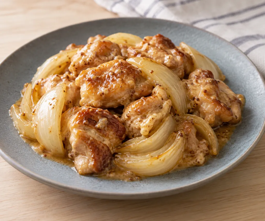 鶏もも肉と玉ねぎの味噌マスタード焼きの完成イメージ
