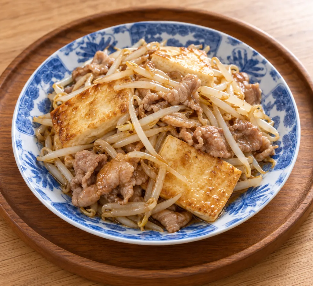 時短豆腐と豚こま肉のもやししょうが炒めの完成イメージ