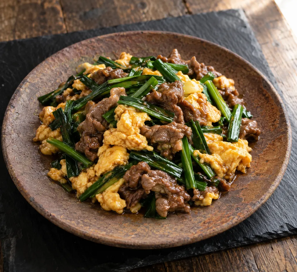 牛こま肉とニラのにら玉炒めの完成イメージ