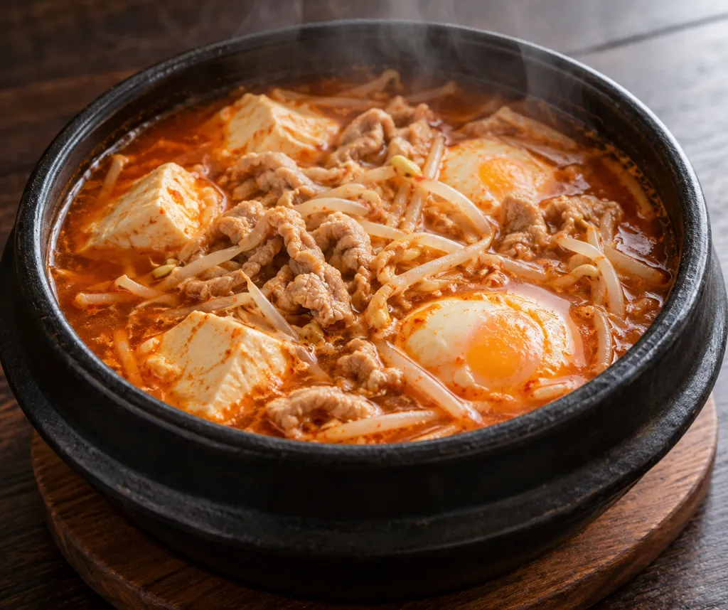 豚こま肉ともやしの豆腐スンドゥブ鍋の完成イメージ