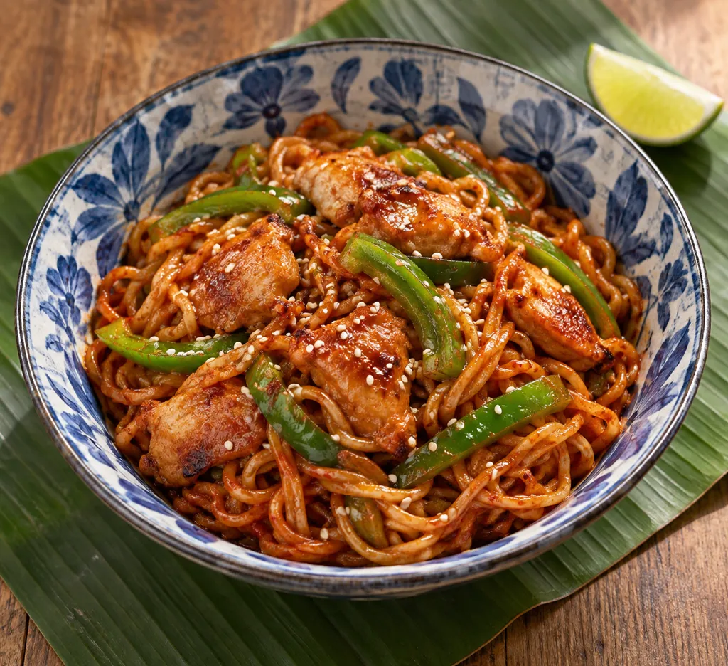 鶏もも肉とピーマンの焼きそば麺ビビン麺の完成イメージ