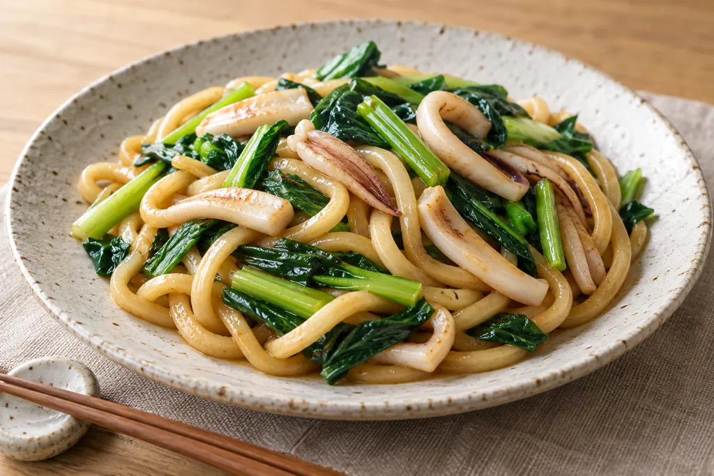 いかと小松菜の和風焼きうどんの完成イメージ