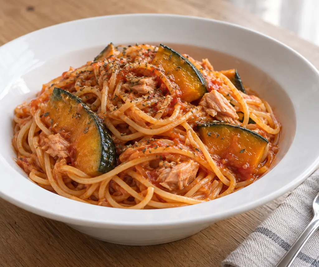ツナとかぼちゃのケチャップパスタの完成イメージ