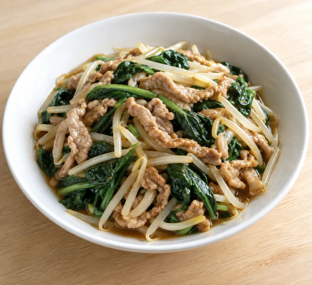 豚もも肉とほうれん草のもやし中華炒めの完成イメージ