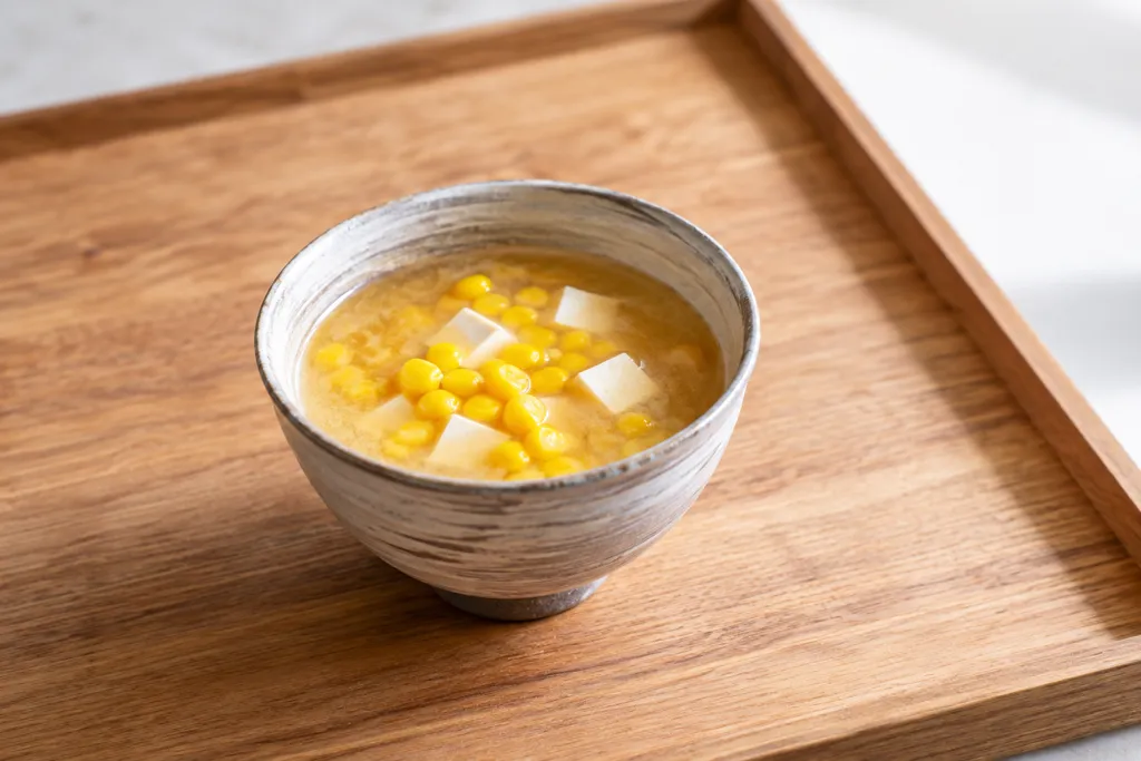 とうもろこしと豆腐の味噌汁の完成イメージ