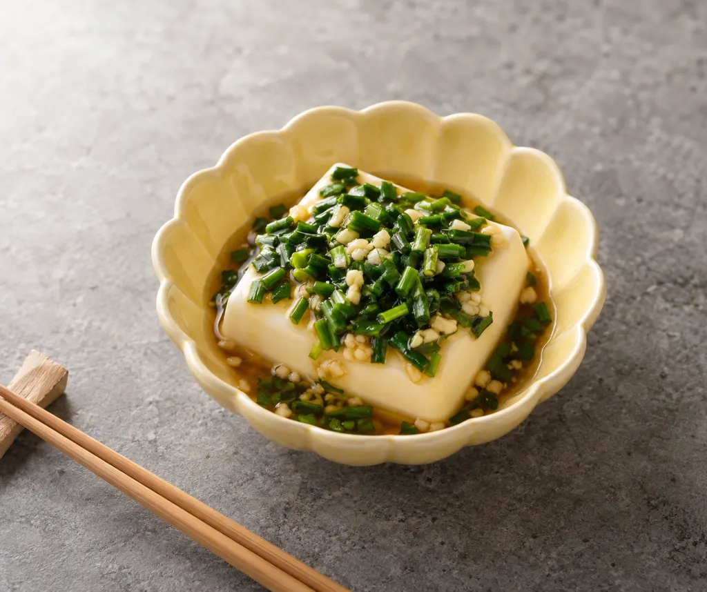 絹ごし豆腐とニラの中華だれがけの完成イメージ
