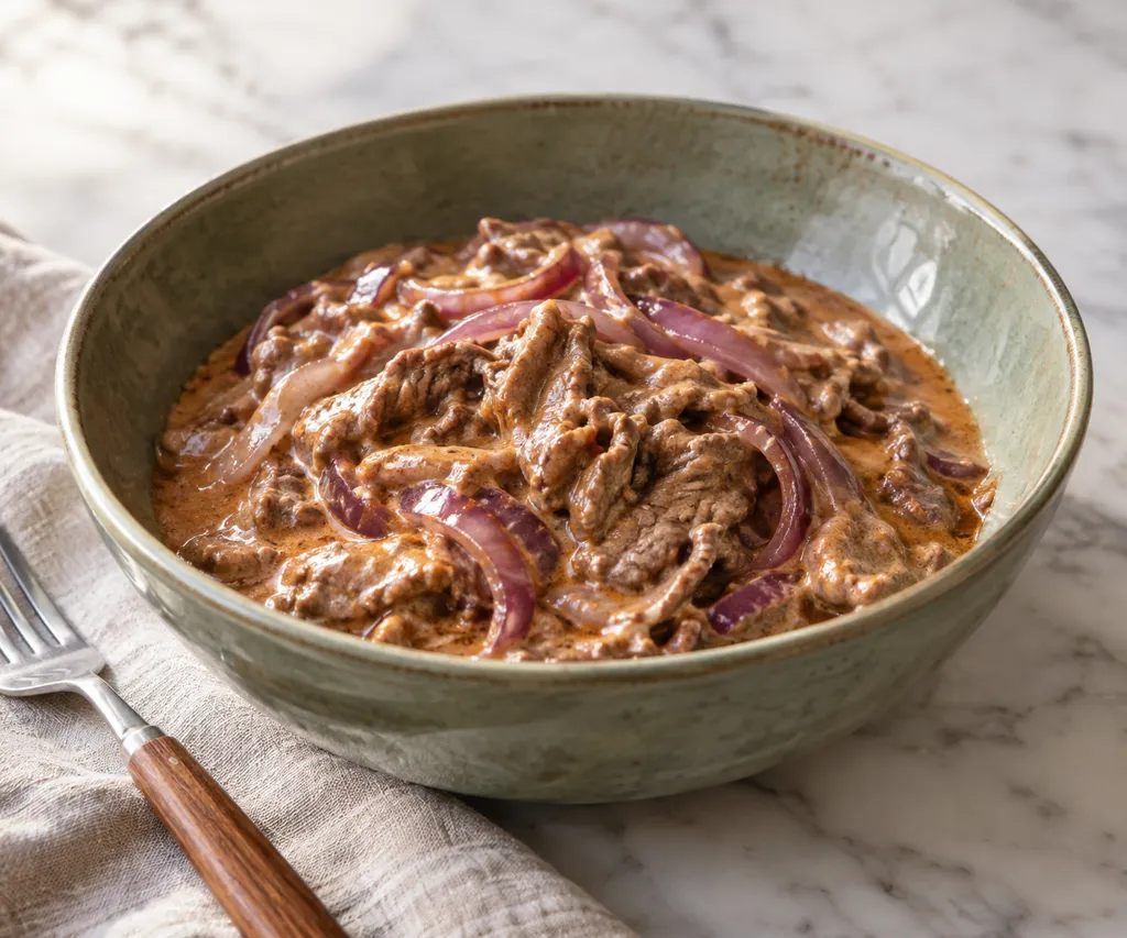 牛こま肉と紫玉ねぎのビーフストロガノフの完成イメージ